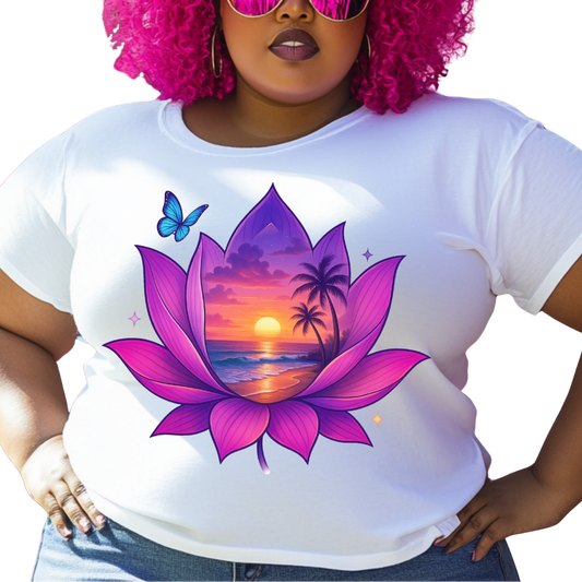 Sunset Lotus Paradise Graphic T-Shirt – Tropical Everyday Tee